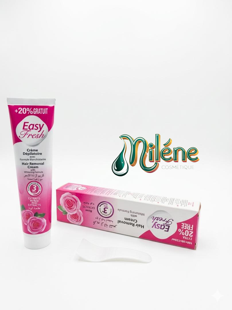 CREME EPILATOIRE EASY FRESH Dites adieu aux poils indésirables avec la crème dépilatoire Easy Fresh ! Sa formule ultra-rapide agit en un clin d'œil pour vous offrir une peau incroyablement douce et nette. Enrichie en extraits de rose et dotée d'une formule blanchissante, elle laisse votre peau lumineuse et délicatement parfumée.