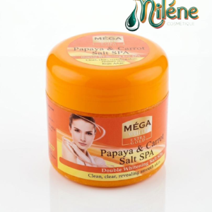 GOMMAGE CORPOREL MEGA WHITE Révélez l’éclat naturel de votre peau avec ce gommage à base de PAPAYE et CAROTTE. Infusé à la vitamine E et aux AHA, ce soin exfolie en douceur pour éliminer les impuretés tout en laissant un parfum fruité irrésistible