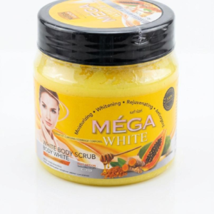 GOMMAGE CORPOREL MEGA WHITE Révélez l’éclat naturel de votre peau avec le sucre de gommage à base de Miel, Curcuma et Papaye, Miel et Vitamine C+. Infusé à la vitamine E et aux AHA, ce soin exfolie en douceur pour éliminer les impuretés tout en laissant un parfum fruité irrésistible