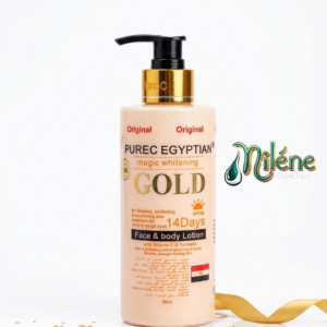 LAIT DE CORPS PUREC EGYPTIAN MAGIC WHITENING GOLD Ce soin luxueux pour le visage et le corps est bien plus qu'une simple lotion. Sa formule enrichie agit en profondeur pour transformer votre peau. Grâce à la puissance de la Vitamine C et du Curcuma, il estompe les taches brunes et les zones rebelles pour un teint uniforme.