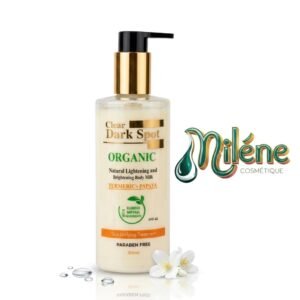 LAIT DE CORPS CLEAR DARK SPOT ORGANIC est formulé à base d'extraits naturels de Curcuma et de Papaye, ce soin est une véritable cure de lumière pour les peaux en quête d'uniformité. Exfolie en douceur pour un grain de peau affiné. Illumine et estompe naturellement les taches sombres. Sans paraben pour respecter votre équilibre cutané. Grâce à sa protection SPF 45, il ne se contente pas d'éclaircir : il protège aussi votre peau des rayons du soleil pour éviter le retour des taches.
