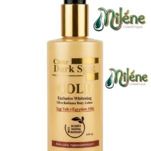 LAIT DE CORPS CLEAR DARK SPOT GOLD est spécialement formulée pour estomper l'hyperpigmentation, cette lotion exclusive associe la richesse du jaune d'œuf à la douceur du lait égyptien pour une action blanchissante ultra-performante. Enrichie en ingrédients naturels et protégée par un SPF 45, elle prend soin de votre peau au quotidien sans parabènes.