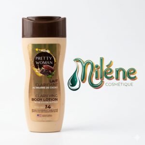 LAIT DE CORPS PRETTY WOMAN associe les vertus nourrissantes du beurre de cacao à une technologie clarifiante avancée. Une texture onctueuse, un parfum envoûtant et une efficacité redoutable pour une peau sublime.