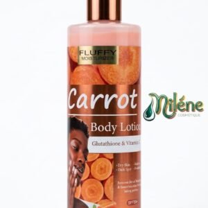 LAIT DE CORPS CARROT BODY LOTION de FLUFFY est formulé pour les peaux en quête d'un éclat chaud et uniforme, ce soin est votre allié quotidien. L'alliance du Glutathion et de la Vitamine C pour unifier le teint et booster la luminosité. Idéal pour traiter les zones sombres et les taches brunes sur tout le corps.