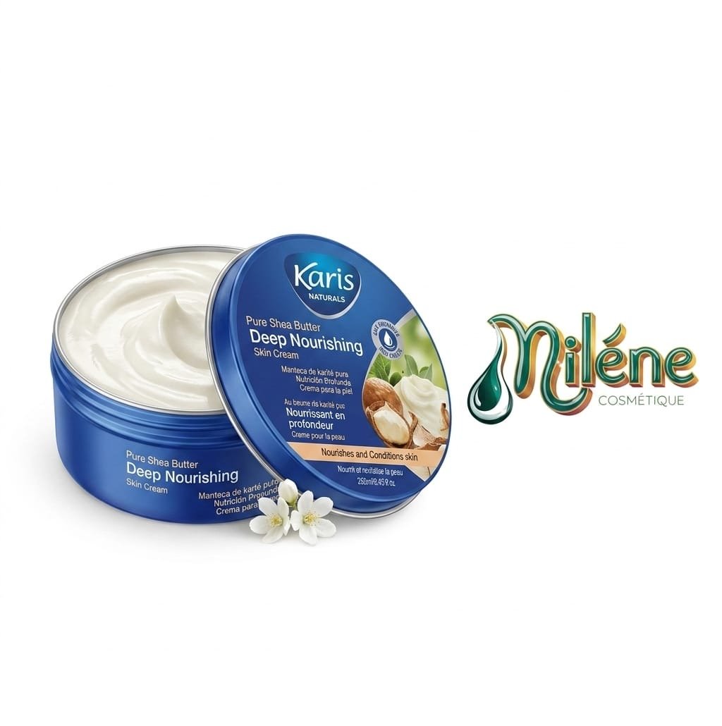 CRÈME KARIS NATURALS DEEP NOURISHING, un véritable bain d'hydratation au Beurre de Karité pur pour un confort absolu au quotidien. Cette crème pénètre en profondeur pour nourrir et revitaliser les couches de l'épiderme. Une formule riche et veloutée qui fond sur la peau, la laissant souple, lisse et délicatement parfumée. Idéale pour les zones très sèches (coudes, genoux, talons) ou pour protéger votre peau des agressions extérieures (vent, froid, calcaire).