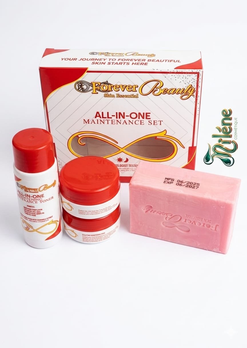 KIT VISAGE MAINTENANCE SET de FOREVER BEAUTY vous permet de Sublimez votre routine beauté avec cet ensemble complet conçu pour révéler l'éclat de votre peau. Ce kit comprend : Un tonique éclaircissant pour unifier le teint. Deux crèmes jour et nuit hydratante et protectrice. Un savon éclaircissant enrichi au collagène.