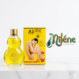 SÉRUM FACIAL A3 TRIPLE ACTION combine la puissance des extraits naturels et des vitamines pour transformer votre teint et lui redonner toute sa fraîcheur. Enrichi en Vitamines C et E pour une action antioxydante et régénérante. Les acides de fruits (AHA) exfolient délicatement pour lisser le grain de peau et réveiller la luminosité. Unifie le teint en ciblant les hyperpigmentations et les imperfections cutanées. Agit contre les effets du soleil et les agressions extérieures pour une peau protégée et durablement belle.