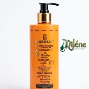 LAIT DE CORPS GLOSMART VITAMIN-C & BIOTIN est une formule révolutionnaire conçue pour transformer votre peau et lui redonner une luminosité incomparable. Grâce à une concentration exceptionnelle de GLUTA-C (250 000 mg), il unifie votre teint et estompe les imperfections pour un effet "glow" instantané. Enrichi en Biotine, Collagène et Huiles de Poisson, ce lait nourrit en profondeur, raffermit les tissus et prévient le vieillissement cutané. Avec son indice SPF 60, il protège votre peau des rayons UV nocifs tout au long de la journée.