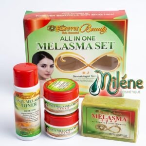 KITS VISAGE MELASMA SET de FOREVER BEAUTY est ensemble dermato-testé spécialement formulé pour cibler et réduire l'apparence du mélasma, des taches brunes et des imperfections.  ​Il contient tout le nécessaire pour votre routine beauté :  ​Le tonique anti-mélasma pour purifier et préparer la peau.  ​La crème éclaircissante pour traiter en profondeur.  ​Le savon à la vitamine E pour nettoyer en douceur tout en protégeant.