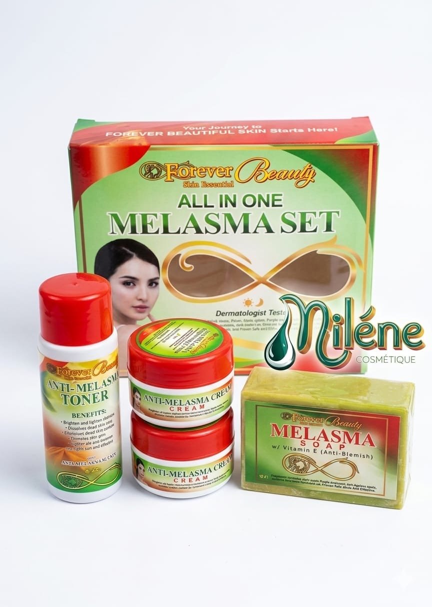 KITS VISAGE MELASMA SET de FOREVER BEAUTY est ensemble dermato-testé spécialement formulé pour cibler et réduire l'apparence du mélasma, des taches brunes et des imperfections. Il contient tout le nécessaire pour votre routine beauté : Le tonique anti-mélasma pour purifier et préparer la peau. La crème éclaircissante pour traiter en profondeur. Le savon à la vitamine E pour nettoyer en douceur tout en protégeant.