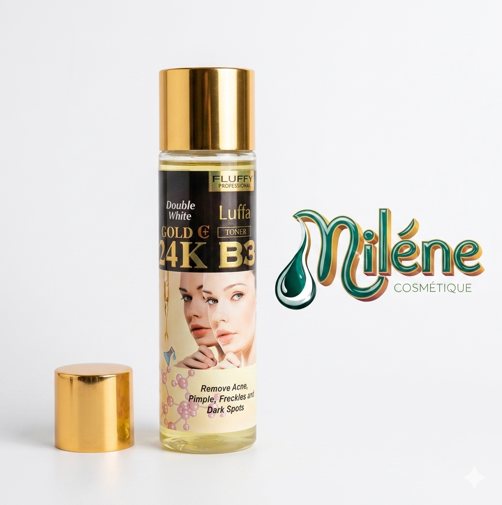 LOTION DOUBLE WHITE GOLD 24K + B3, ce toner d'exception de la gamme Fluffy Professional associe le luxe de l'or 24K aux super-pouvoirs de la vitamine B3 (Niacinamide) et de la vitamine C pour une peau visiblement transformée et rayonnante. Atténue visiblement les taches brunes ainsi que les éphélides (taches de rousseur).