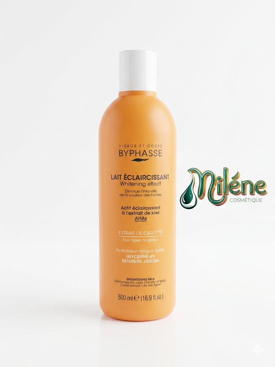 LAIT DE CORPS BYPHASSE, un soin complet conçu pour estomper les taches tout en apportant une dose maximale d'hydratation et de lumière. Un complexe actif puissant qui diminue l'intensité de la couleur des taches et stimule le renouvellement cellulaire pour un teint clarifié. Extrait de Carotte : L'allié idéal pour booster l'éclat de la peau et offrir un effet bonne mine naturel. Hydratation Longue Durée (Glycérine 4% & Esters de Jojoba) : Nourrit intensément la peau en maintenant son hydratation sans laisser de film gras.
