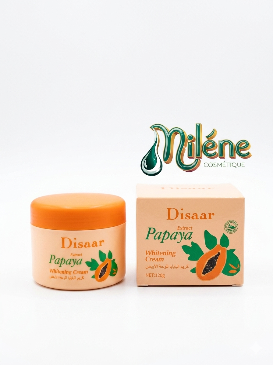 CRÈME DE VISAGE DISAAR EXTRACT PAPAYA est le soin idéal pour retrouver un teint frais, unifié et lumineux au quotidien. Aide à atténuer visiblement les imperfections et les zones d'ombre pour révéler une peau plus homogène. Les enzymes naturelles de la papaye boostent la luminosité de la peau pour un effet bonne mine instantané. Sa formule onctueuse nourrit la peau en profondeur tout en la laissant souple, douce et subtilement parfumée. Intégrez ce soin vitaminé à votre routine beauté grâce à son format pratique de 120g.