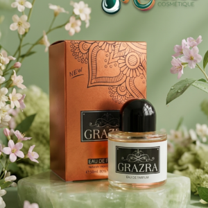 GRAZRA EAU DE PARFUM, ce parfum s'expose avec grâce dans un décor printanier et poétique. Son flacon épuré, surmonté d'un capuchon noir intense, renferme une essence lumineuse posée sur un somptueux socle de pierre verte, entourée de délicates fleurs sauvages. Un flacon de 50 ml idéal pour vous accompagner partout et magnifier vos journées comme vos soirées. Une création "Naturale Vapour" qui allie la douceur et la tenue parfaite d'une grande eau de parfum.