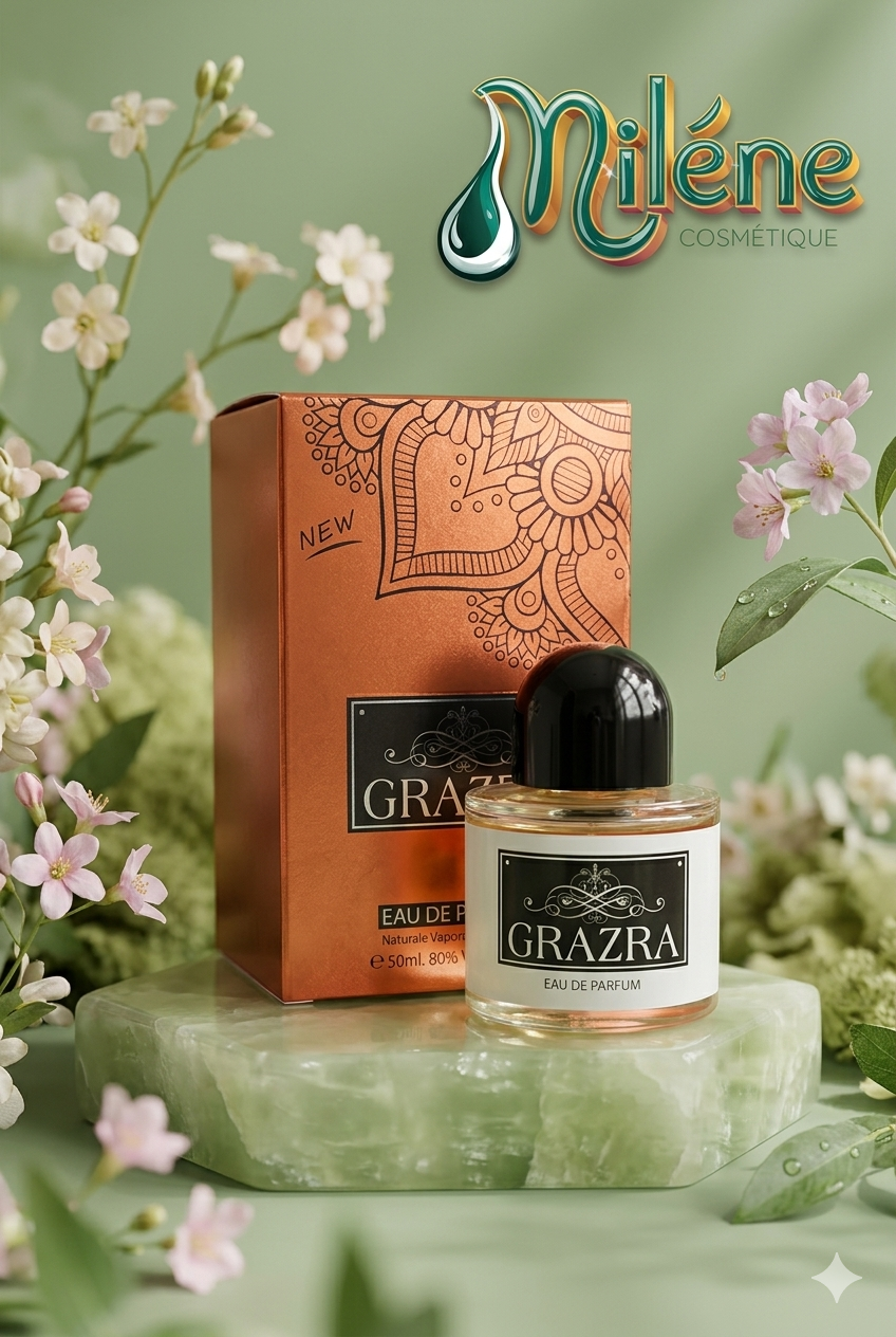 GRAZRA EAU DE PARFUM, ce parfum s'expose avec grâce dans un décor printanier et poétique. Son flacon épuré, surmonté d'un capuchon noir intense, renferme une essence lumineuse posée sur un somptueux socle de pierre verte, entourée de délicates fleurs sauvages. Un flacon de 50 ml idéal pour vous accompagner partout et magnifier vos journées comme vos soirées. Une création "Naturale Vapour" qui allie la douceur et la tenue parfaite d'une grande eau de parfum.