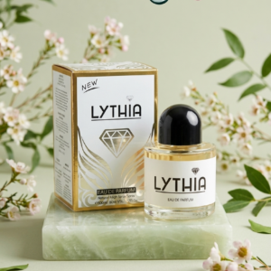 EAU DE PARFUM LYTHIA, ce flacon précieux s'expose avec élégance sur son piédestal de pierre verte, niché au cœur d'un somptueux décor floral printanier qui évoque la fraîcheur et la légèreté. Son étui blanc pur est sublimé par des arabesques dorées et le symbole d'un diamant étincelant, ce qui en fait le cadeau idéal à s'offrir ou à offrir.