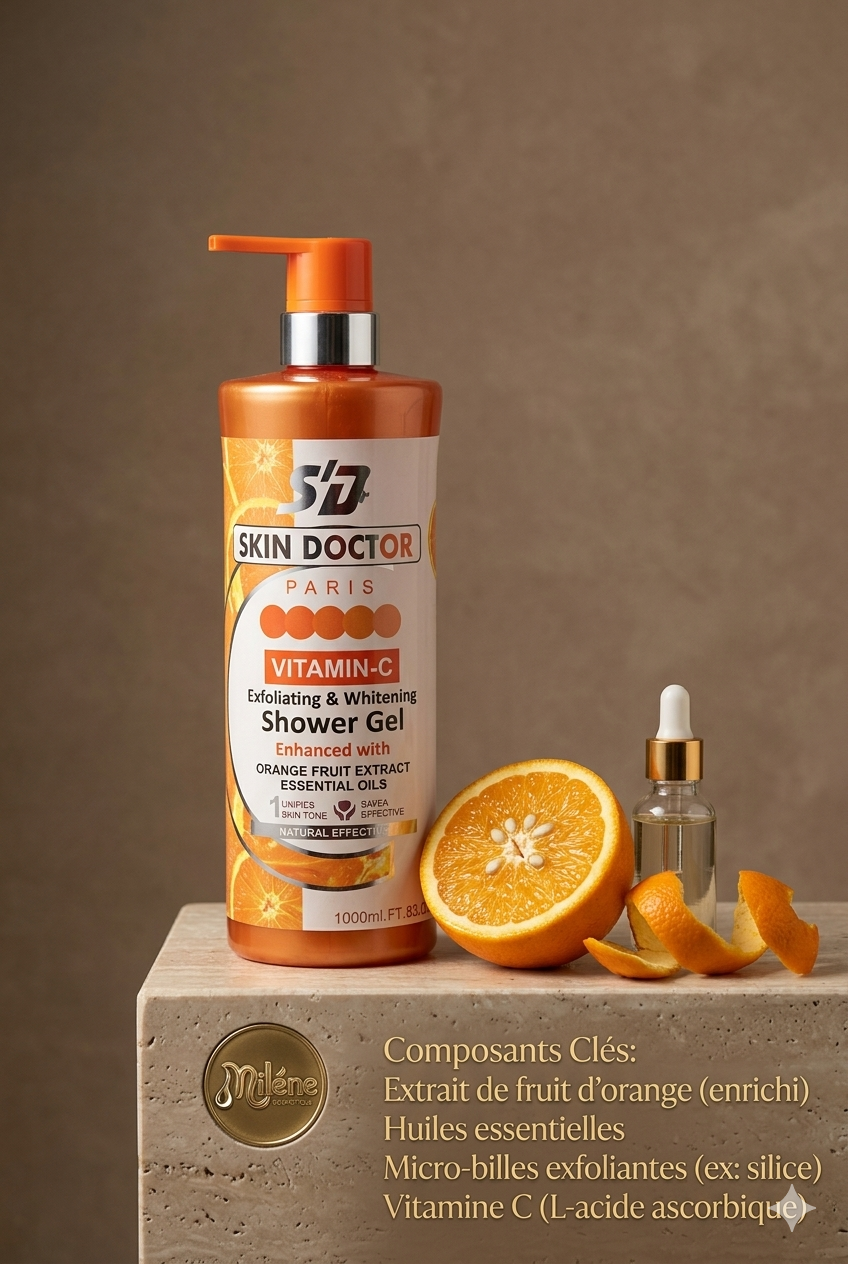 GEL DE DOUCHE SKIN DOCTOR VITAMIN-C, ce gel douche exfoliant et éclaircissant (Exfoliating & Whitening) réveille votre peau et vos sens grâce à un cocktail survitaminé à l'extrait de fruit d'orange et aux huiles essentielles. La vitamine C (L-acide ascorbique) aide à harmoniser et illuminer la carnation naturelle. Des micro-billes exfoliantes qui éliminent délicatement les cellules mortes pour une peau incroyablement lisse.
