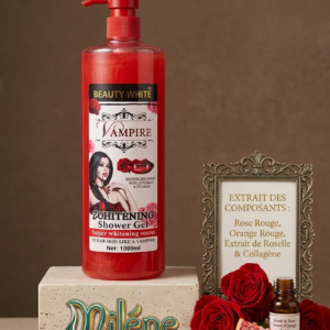GEL DE DOUCHE VAMPIRE, Un cadre élégant visible sur l'image vous révèle sa formule exclusive basée sur un élixir d'ingrédients rigoureusement sélectionnés : Rose Rouge : Pour adoucir, apaiser et envelopper votre corps d'un parfum floral captivant. Riche en antioxydants, il aide à uniformiser le grain de peau et lutter contre les imperfections. Collagène : L'allié indispensable pour maintenir la fermeté, l'élasticité et la jeunesse de votre épiderme.