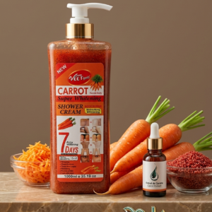 GEL DE DUCHE CARROT SUPER WHITENING, cette nouveauté de chez Veet Gold est un soin complet pour le visage et le corps (Face & Body). Conçue comme une véritable crème de douche réparatrice (Shower Cream Body Repair), sa formule double action combine hydratation intense et clarification. Disponible dès maintenant en format maxi généreux de 1000 ml chez Milène Cosmétique.