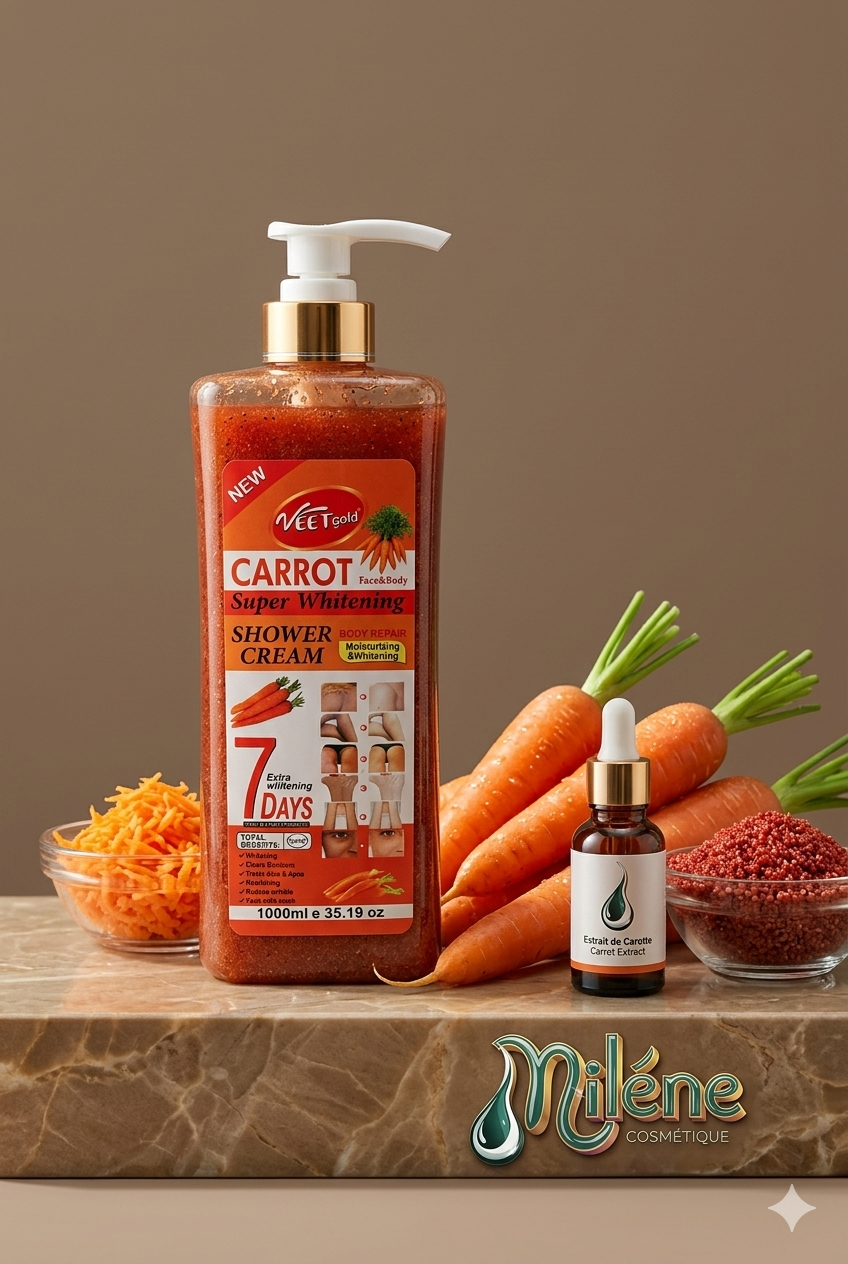 GEL DE DUCHE CARROT SUPER WHITENING, cette nouveauté de chez Veet Gold est un soin complet pour le visage et le corps (Face & Body). Conçue comme une véritable crème de douche réparatrice (Shower Cream Body Repair), sa formule double action combine hydratation intense et clarification. Disponible dès maintenant en format maxi généreux de 1000 ml chez Milène Cosmétique.