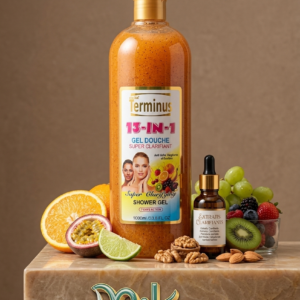 GEL DE DOUCHE TERMINUS 13-IN-1 Super Clarifiant ce gel douche d'exception est un véritable concentré de nature, associant une multitude d'extraits de fruits (orange, citron vert, kiwi, fruits de la passion, baies) et de noix pour réveiller l'éclat de votre corps. Une formule multi-active conçue pour répondre à tous les besoins de votre peau en un seul geste. Unifie intensément le teint et ravive la luminosité naturelle de l'épiderme. Agit efficacement contre les taches et les vergetures pour lisser la peau.