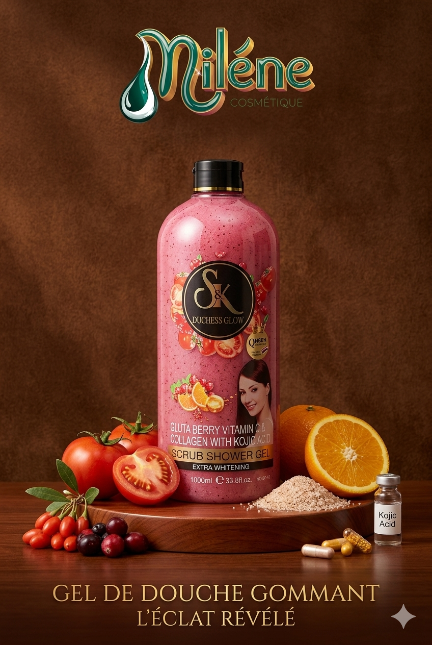 GEL DE DOUCHE S&K DUCHESS GLOW ce soin haut de gamme associe une texture exfoliante rose aux extraits naturels puissants (baies, tomates, oranges) pour faire peau neuve dès la première douche. Un duo d'antioxydants surpuissants pour illuminer intensément le teint, estomper les taches et donner un coup d'éclat immédiat. Acide Kojique (Kojic Acid) : cet actif phare cible les hyperpigmentations pour garantir une clarification homogène et rapide.