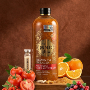 GEL DE DOUCHE THE PUREST GLOW-VITAMIN C &COLLAGEN, ce soin d'exception combine une formule hautement concentrée et des extraits naturels puissants (oranges, tomates, baies) pour faire peau neuve dès la première utilisation. Double Exfoliation Intense (AHA 30% + BHA 15%) : Une action "Exfoliating Body Peeling" ultra-efficace pour éliminer en profondeur les cellules mortes et lisser le grain de peau. Cocktail Vitamine C & Collagène : Boost de fermeté et d'éclat instantané. La vitamine C illumine intensément le teint tandis que le collagène préserve la jeunesse de votre épiderme. Une généreuse bouteille de 1000 ml pour prolonger ce rituel de pureté jour après jour.
