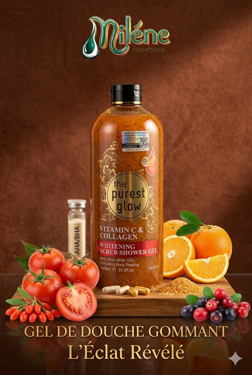 GEL DE DOUCHE THE PUREST GLOW-VITAMIN C &COLLAGEN, ce soin d'exception combine une formule hautement concentrée et des extraits naturels puissants (oranges, tomates, baies) pour faire peau neuve dès la première utilisation. Double Exfoliation Intense (AHA 30% + BHA 15%) : Une action "Exfoliating Body Peeling" ultra-efficace pour éliminer en profondeur les cellules mortes et lisser le grain de peau. Cocktail Vitamine C & Collagène : Boost de fermeté et d'éclat instantané. La vitamine C illumine intensément le teint tandis que le collagène préserve la jeunesse de votre épiderme. Une généreuse bouteille de 1000 ml pour prolonger ce rituel de pureté jour après jour.