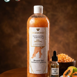 GEL DE DOUCHE DIAMOND - GLUTA CAVIAR INJECTION, ce soin haut de gamme fusionne la richesse d'ingrédients nobles pour une métamorphose cutanée digne des plus grands spas. Un gel douche à la fois gommant et éclaircissant ("Exfoliant & Lightening") pour faire peau neuve au quotidien. Enrichi en actifs de caviar, il nourrit intensément, régénère et apporte un éclat précieux à l'épiderme.