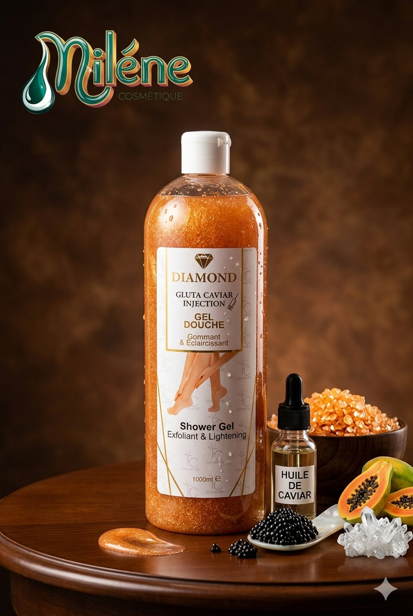 GEL DE DOUCHE DIAMOND - GLUTA CAVIAR INJECTION, ce soin haut de gamme fusionne la richesse d'ingrédients nobles pour une métamorphose cutanée digne des plus grands spas. Un gel douche à la fois gommant et éclaircissant ("Exfoliant & Lightening") pour faire peau neuve au quotidien. Enrichi en actifs de caviar, il nourrit intensément, régénère et apporte un éclat précieux à l'épiderme.