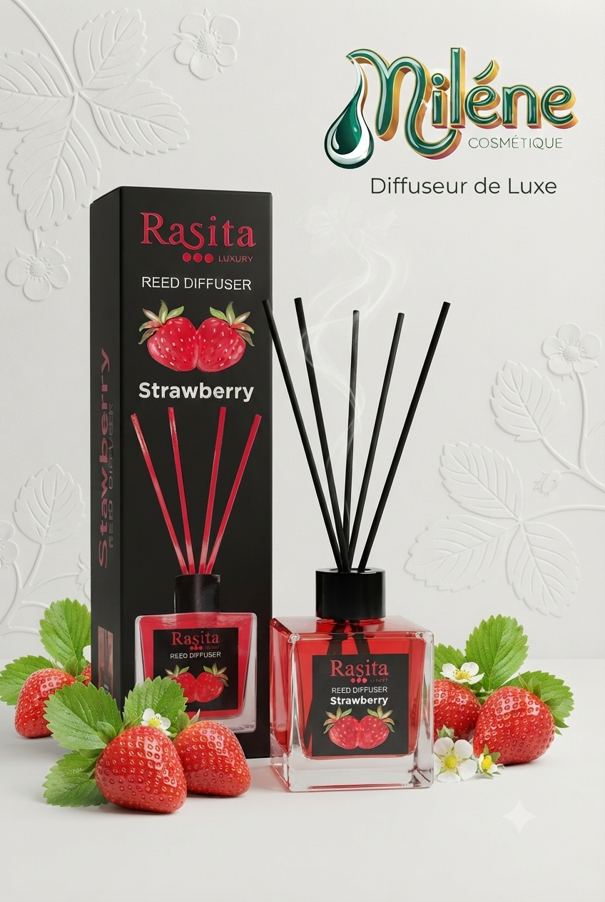 DIFFUSEUR RASITA : Laissez-vous transporter par la douceur sucrée des fraises fraîchement cueillies. Le diffuseur d'ambiance Rasita Luxury Strawberry associe des notes fruitées et envoûtantes pour créer une atmosphère joyeuse, gourmande et accueillante dans votre intérieur. Présenté dans un flacon au design raffiné garni d'un jus rouge éclatant, il allie parfaitement élégance visuelle et plaisir olfactif.