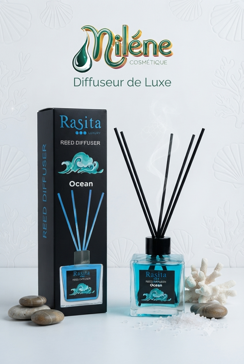 DIFFUSEUR RASITA OCÉAN combine des accords marins subtils et revitalisants pour créer une atmosphère calme, fraîche et relaxante dans vos espaces de vie. Présenté dans un élégant flacon en verre bleu lagon, il apporte une touche déco sophistiquée tout en diffusant un parfum d'évasion irrésistible.