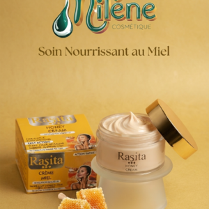 CRÈME DE VISAGE RASITA e nrichie en miel réparateur et en extraits d'amande douce, cette crème adoucit, nourrit intensément et régénère votre peau au quotidien. Action Rapide : Nutrition profonde et apaisement immédiat  Régénération & Douceur : Restaure l'élasticité et le confort de la peau  Teint Éclatant : Protège du dessèchement et ravive la luminosité naturelle.