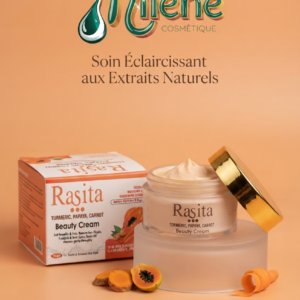 CRÈME DE VISAGE RASITA : Offrez à votre visage un concentré de bienfaits végétaux. La crème Rasita Beauty Cream associe les vertus éclaircissantes et antioxydantes du curcuma, de la papaye et de la carotte pour lutter contre l'hyperpigmentation et le teint terne. Sa formule onctueuse nourrit en profondeur, aide à unifier le grain de peau et ravive l'éclat naturel de votre épiderme au quotidien.