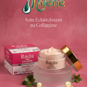 CRÈME DE VISAGE RASITA COLLAGÈNE : notre crème innovante ! Enrichie en Collagène et Arbutine, cette formule éclaircissante agit efficacement pour unifier le teint, atténuer les taches et lutter contre les signes de l'âge. Sa texture onctueuse hydrate en profondeur et laisse une sensation de fraîcheur. Profitez des bienfaits d'un teint radieux et d'une peau visiblement plus jeune, dès les premières applications. Ne manquez pas l'opportunité de briller !
