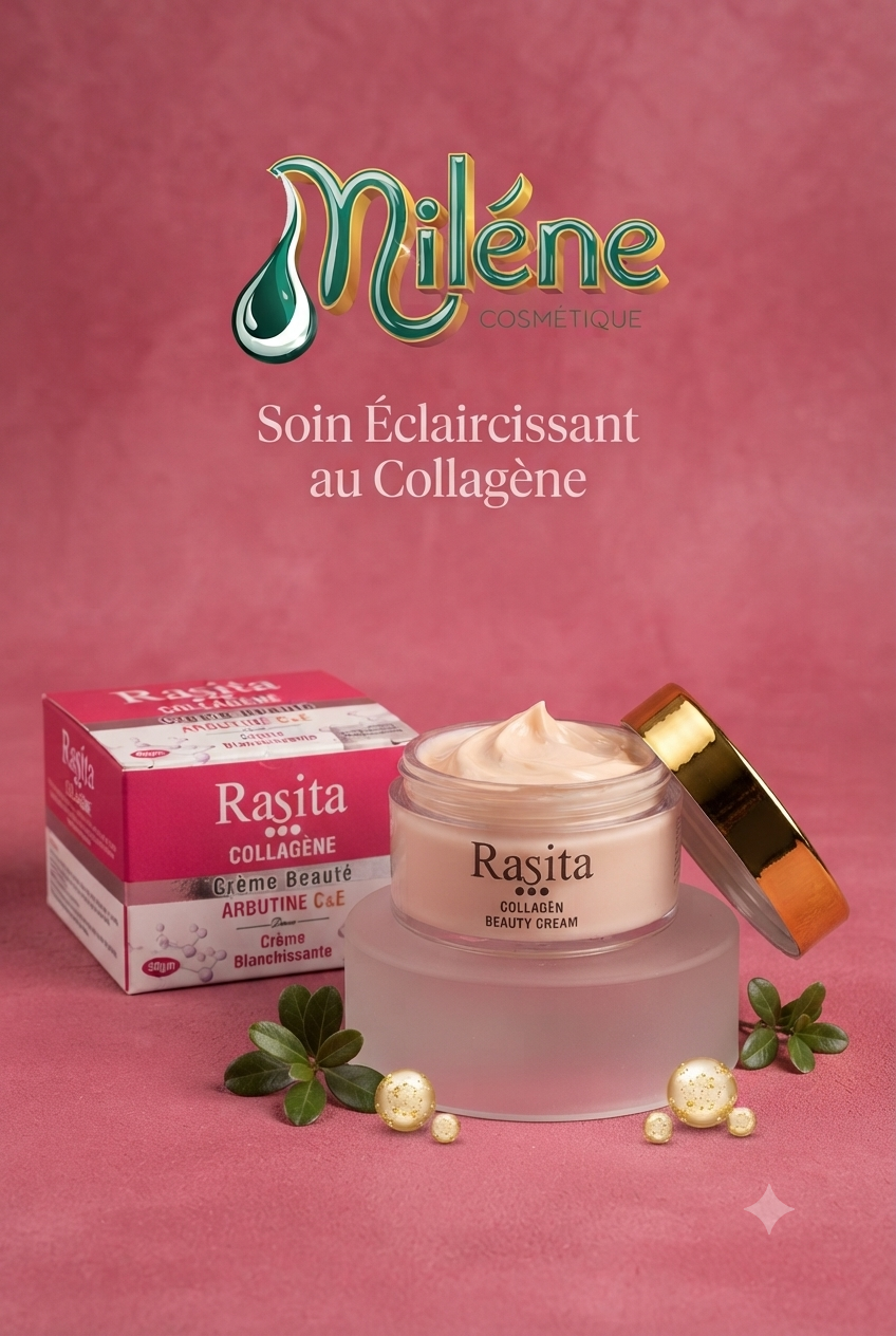 CRÈME DE VISAGE RASITA COLLAGÈNE : notre crème innovante ! Enrichie en Collagène et Arbutine, cette formule éclaircissante agit efficacement pour unifier le teint, atténuer les taches et lutter contre les signes de l'âge. Sa texture onctueuse hydrate en profondeur et laisse une sensation de fraîcheur. Profitez des bienfaits d'un teint radieux et d'une peau visiblement plus jeune, dès les premières applications. Ne manquez pas l'opportunité de briller !