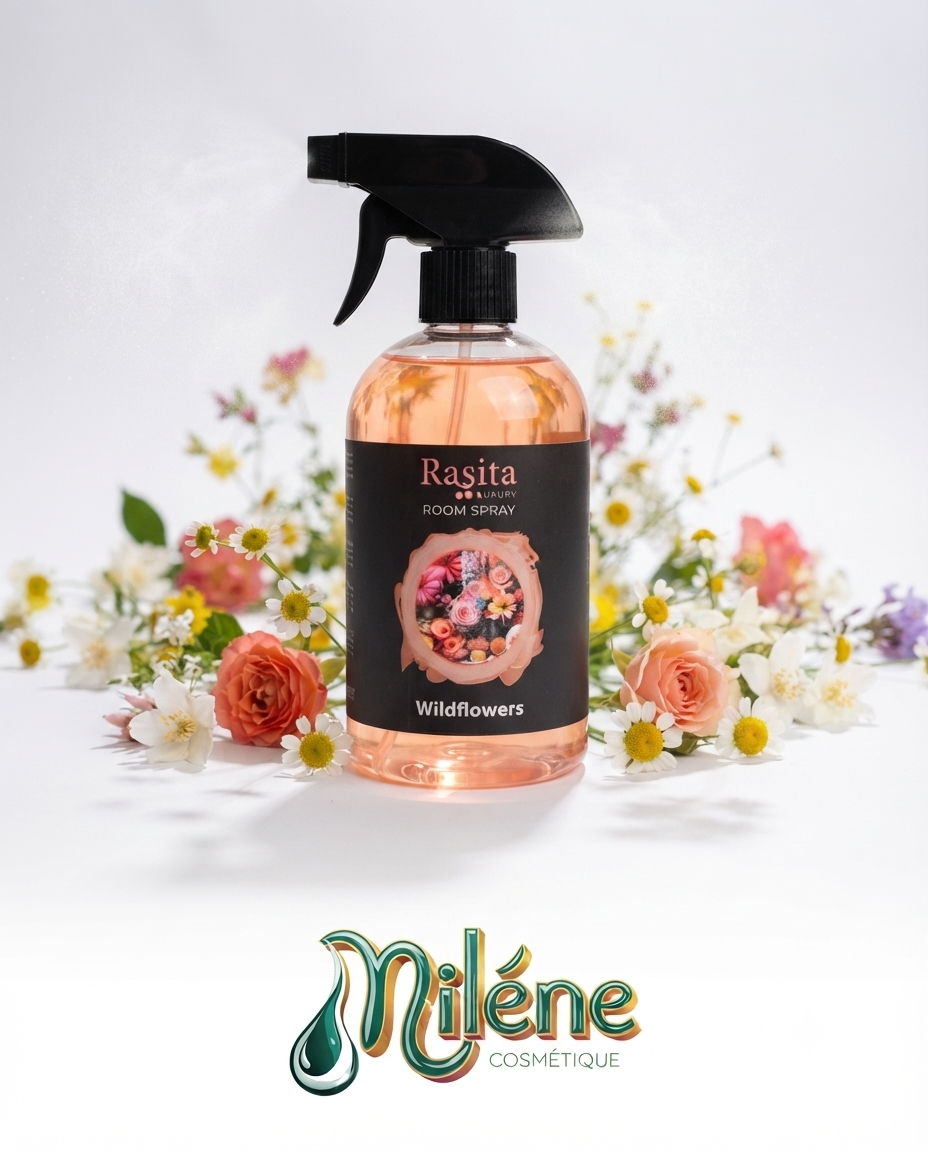 PARFUM CHAMBRE RASITA : une brume parfumée délicate présentée dans un flacon vaporisateur élégant. Ce spray d'ambiance haut de gamme capture l'essence pure et rafraîchissante des fleurs sauvages. Avec sa couleur rosée subtile et son bouquet équilibré, il transforme instantanément l'atmosphère de n'importe quelle pièce, y apportant une touche de nature sauvage et de sophistication.