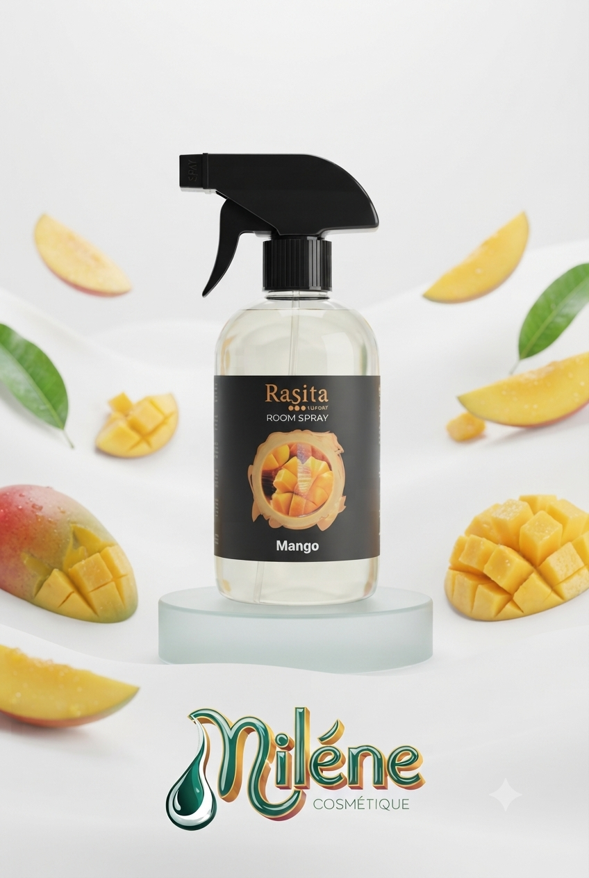 PARFUM CHAMBRE à la MANGUE de RASITA: Une fragrance vibrante et juteuse qui capture l’essence même de la mangue mûrie au soleil. Le flacon élégant libère délicatement des notes riches et authentiques de mangue, créant une atmosphère accueillante et raffinée. Un parfum puissant et naturel qui remplit la pièce d’une douceur fruitée irrésistible.