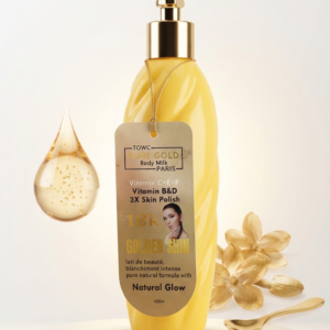LAIT DE CORPS PUR WHITE GOLD Un soin corporel d'exception enrichi en Vitamines C, E, F, B & D pour illuminer, unifier et sublimer votre peau d'un voile doré irrésistible. Action 3X Skin Polish : Lisse la peau et unifie le teint avec un effet blanchissant/éclaircissant intense  Natural Glow : Révèle un éclat doré naturel et somptueux .