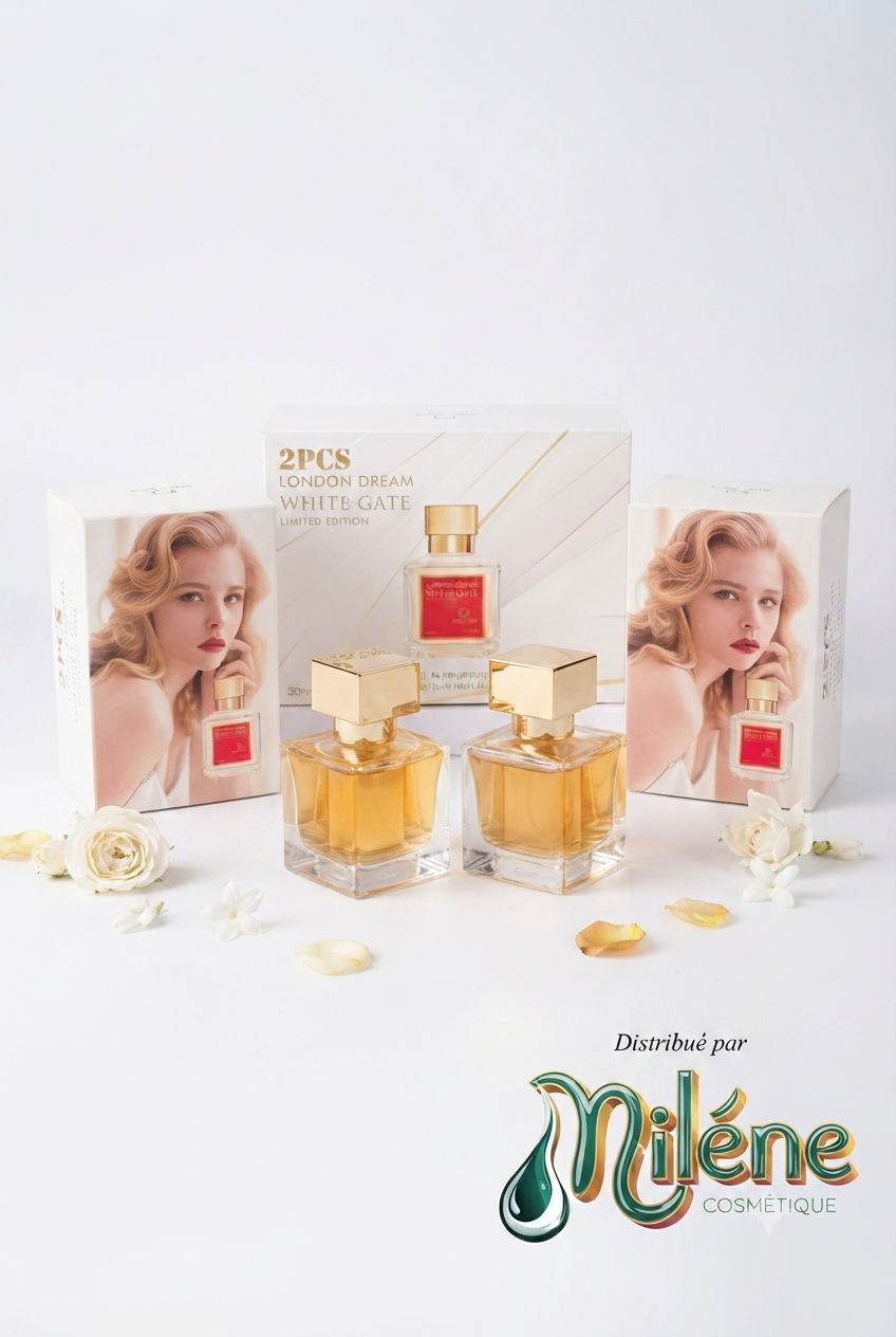 Coffret de 2PARFUMS LONDON DREAM WHITE GATE dévoile une harmonie parfaite entre fraîcheur cristalline et notes ambrées chaleureuses. Son coffret édition limitée et ses flacons épurés surmontés d'or incarnent un luxe discret et intemporel. Laissez une empreinte inoubliable. Distribué par Milène Cosmétique.