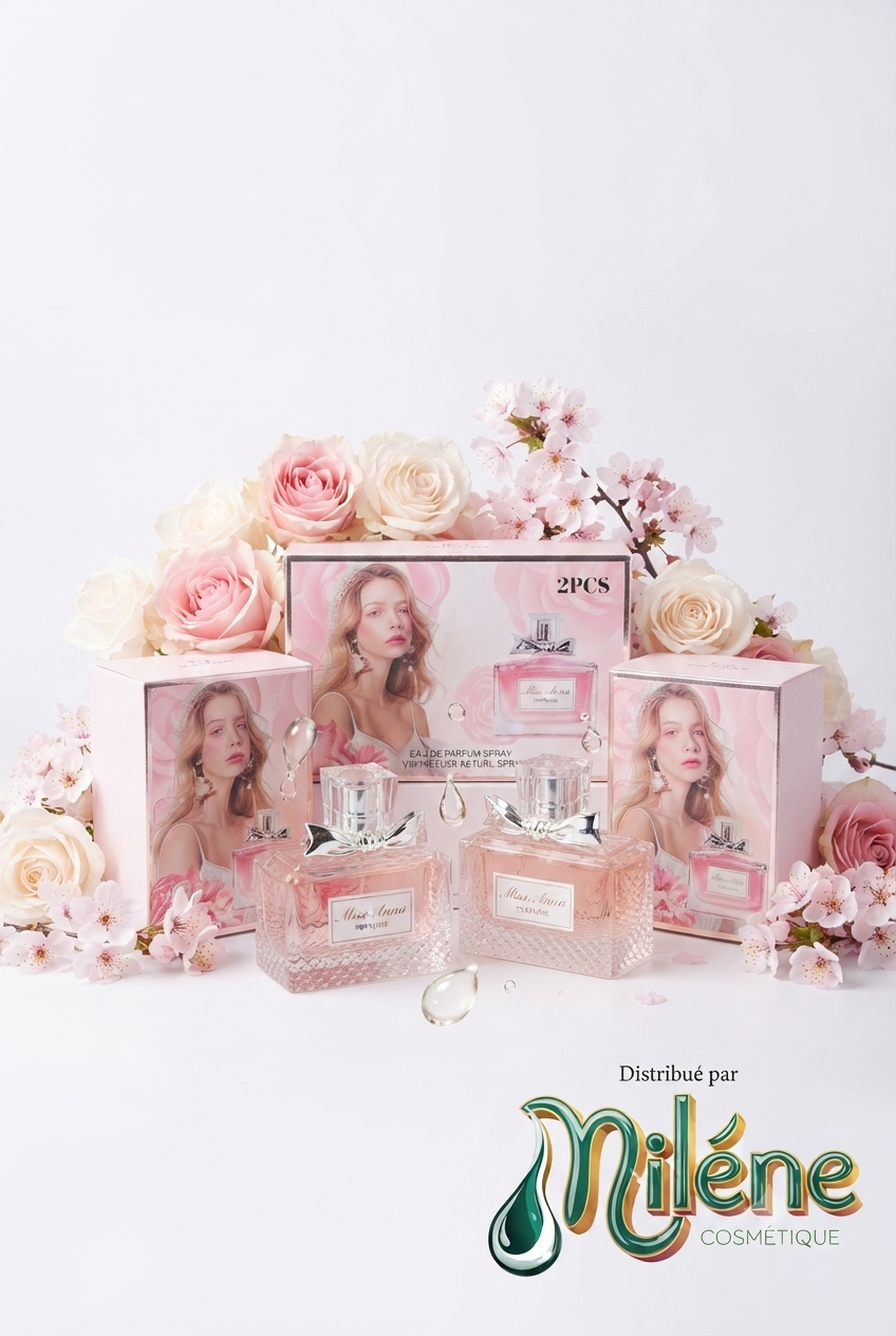 Coffret de 2PARFUMS MISS ANNA : capture la fraîcheur des fleurs de printemps dans une composition douce et lumineuse. Sublimée par ses flacons ornés d'un nœud argenté, cette eau de parfum vous enveloppe d'un voile romantique, élégant et délicatement sucré. Distribué par Milène Cosmétique.