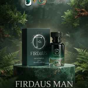 PARFUM FIRDAUS MAN puise sa force au cœur d'une forêt majestueuse. Une alliance vivifiante de notes boisées, de résines nobles et d'arômes d'épines de pin, capturée dans un flacon vert foncé d'un raffinement brut. La puissance végétale au masculin. Distribué par Milène Cosmétique.