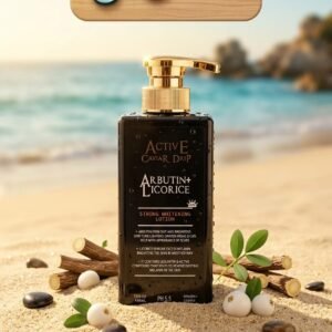 LAIT ACTIVE CAVIAR DRIP (Arbutin + Licorice), Une synergie d'actifs puissants qui aide à estomper les zones sombres, atténuer l'apparence des cicatrices et éliminer l'excès de mélanine. Enrichi en composés actifs (Liquiritine) pour illuminer la peau tout en respectant son équilibre naturel. Respect du pH & Grand Format : Formulé à pH 5.5 pour préserver la barrière cutanée, dans un flacon pompe luxueux et pratique (444 ml).