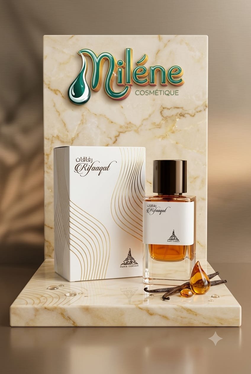 PARFUM RIFAAQAT de PARIS CORNER, Un mélange envoûtant de vanille ambrée et de notes épicées riches, créant un parfum d'une douceur chaleureuse et captivante. Une eau de parfum concentrée qui vous enveloppe d'un voile élégant tout au long de la journée. Un flacon épuré en verre transparent avec un étui moderne rehaussé de lignes dorées raffinées.