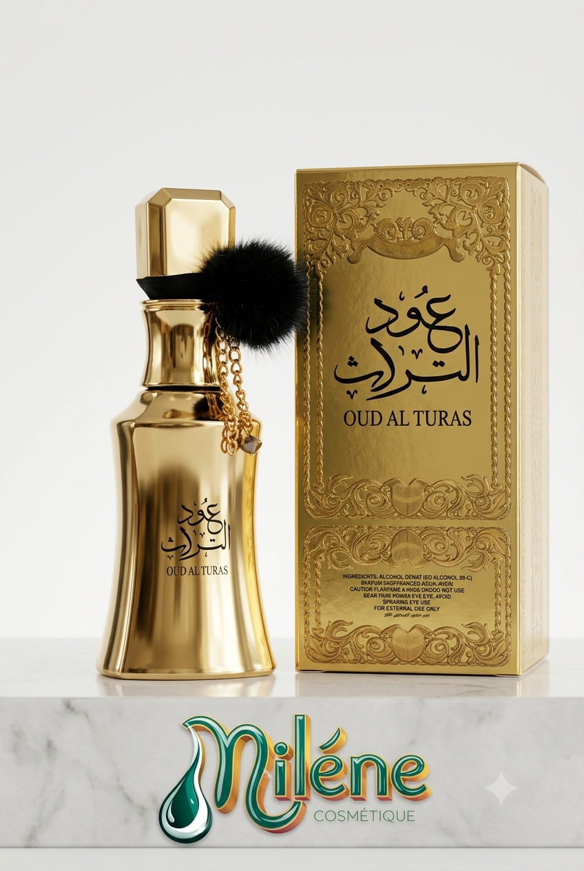 PARFUM OUD AL TURAS, une création olfactive majestueuse qui incarne l'élégance, la tradition et la noblesse. Présenté dans un flacon doré sculptural orné de détails raffinés, ce parfum est une véritable signature de prestige. Un flacon somptueux, véritable objet d'art, sublimé par sa pampille noire.
