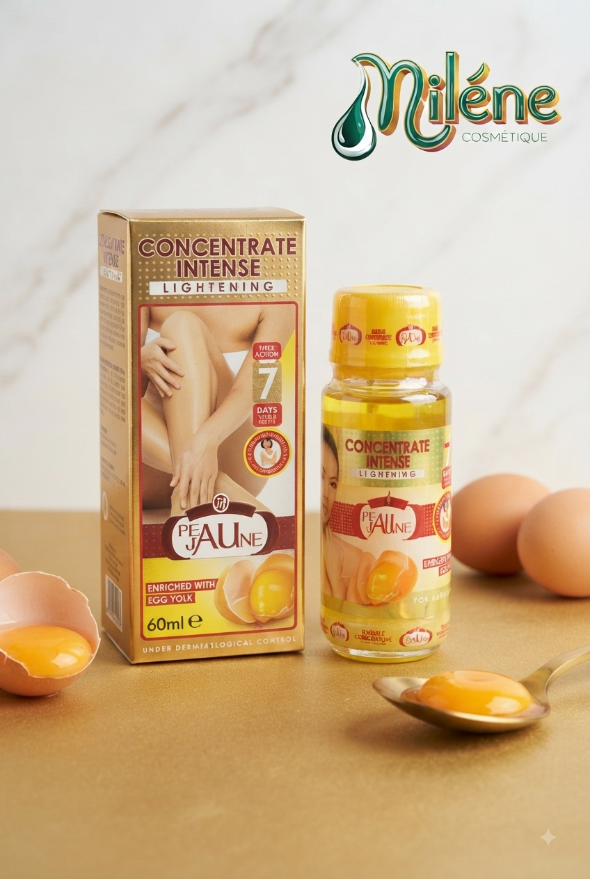 CONCENTRE PEAU JAUNE : Offrez à votre peau un soin d'exception enrichi au jaune d'œuf, reconnu pour ses vertus nutritives, réparatrices et éclaircissantes. Ce sérum concentré agit en profondeur pour unifier le teint, atténuer les taches sombres et redonner à votre peau toute sa luminosité et sa douceur originelles.