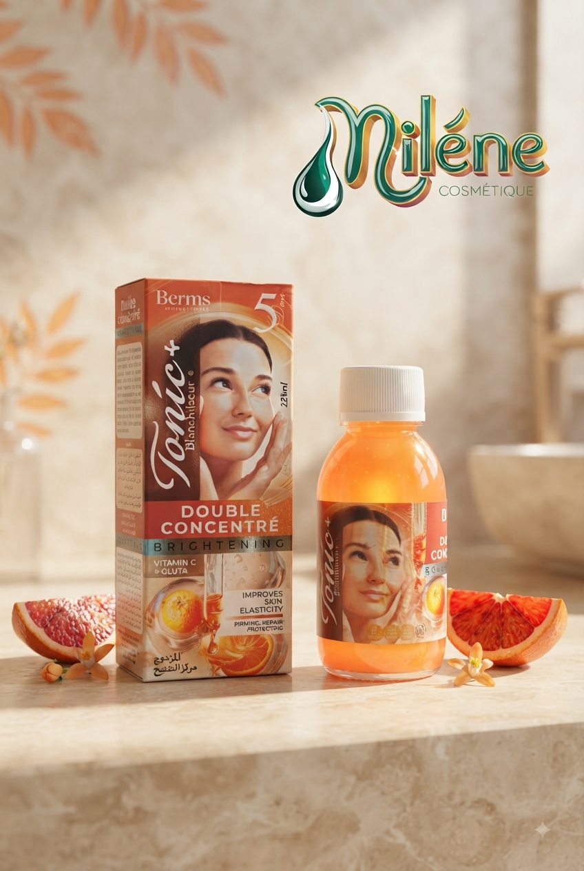 Tonic+ Double Concentré: Révélez une peau visiblement plus ferme et lumineuse grâce au Tonic+ Double Concentré (Blanchisseur) de Berms. Sa formule synergique associe la puissance éclaircissante du Glutathion aux vertus antioxydantes de la Vitamine C et des agrumes pour tonifier l'épiderme et raviver les teints ternes.