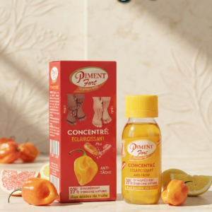 Piment Fort – Concentré Éclaircissant Anti-Tâche : Éliminez efficacement les zones sombres et l'hyperpigmentation tenace grâce au Concentré Éclaircissant Piment Fort Traitement. Formulé à 99% d'ingrédients d'origine naturelle et enrichi aux acides de fruits ainsi qu'en vitamine C, ce soin puissant cible les imperfections ciblées des mains, pieds et articulations.