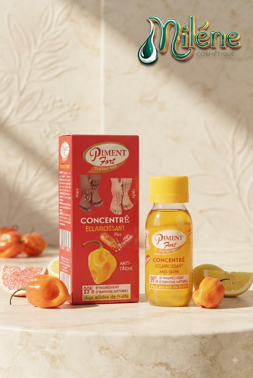 Piment Fort – Concentré Éclaircissant Anti-Tâche : Éliminez efficacement les zones sombres et l'hyperpigmentation tenace grâce au Concentré Éclaircissant Piment Fort Traitement. Formulé à 99% d'ingrédients d'origine naturelle et enrichi aux acides de fruits ainsi qu'en vitamine C, ce soin puissant cible les imperfections ciblées des mains, pieds et articulations.