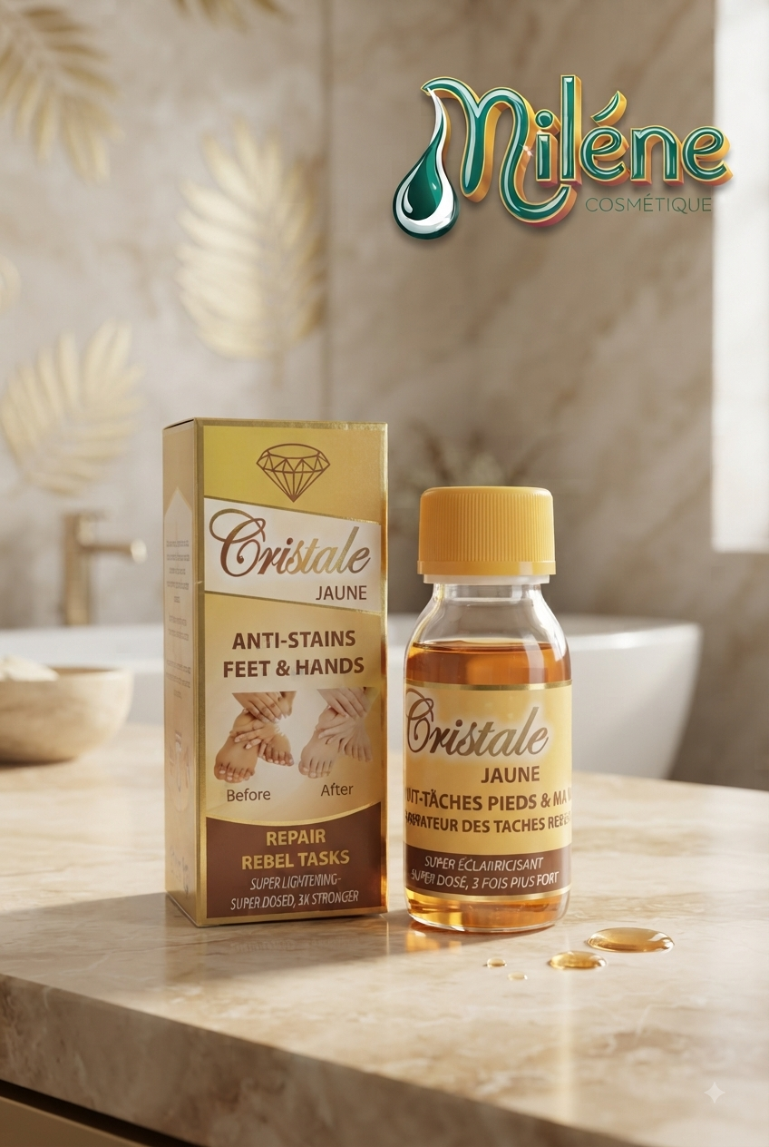 Cristale Jaune : Dites adieu aux zones assombries et aux taches rebelles grâce au concentré Cristale Jaune (Anti-Stains Feet & Hands). Spécialement formulé pour les zones tenaces sujettes aux frottements, ce soin réparateur super éclaircissant agit en profondeur pour unifier et clarifier la peau des pieds et des mains.